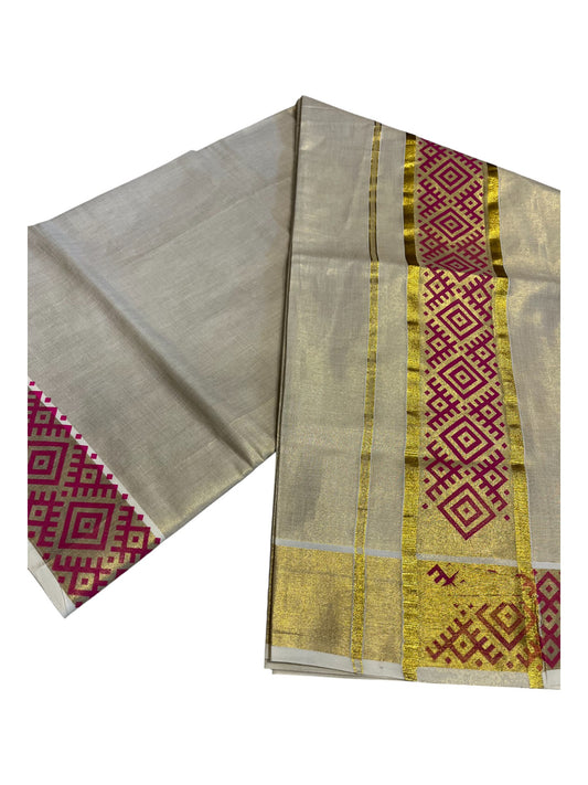 Southloom Kerala Tissue Kasavu Plain Saree Magenta Hand Printed