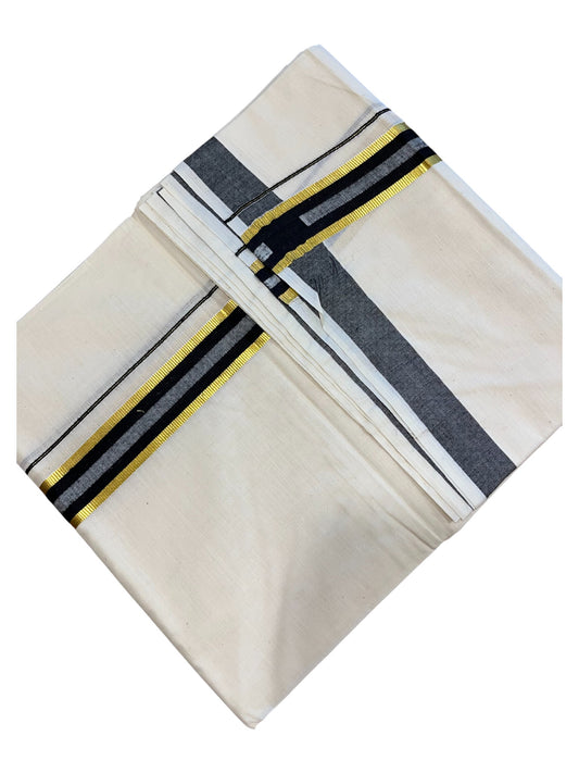 Southloom Pure Cotton Double Mundu With Gold Kasavu& Black Colour Border (South Indian Kerala Dhoti)
