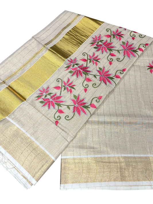 Southloom Tissue Kerala Kasavu Saree with Floral Embroidery