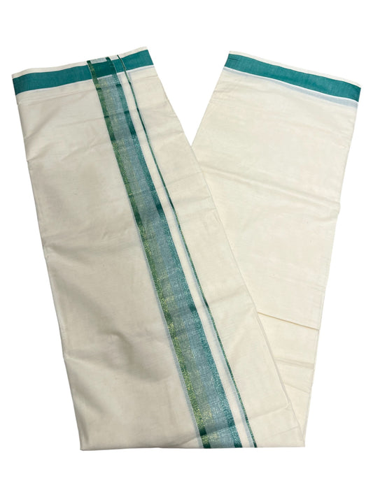 Southloom Kerala Pure Cotton Double Mundu with Gold Lines & Green Border (South Indian Dhoti)