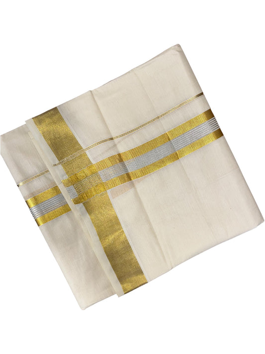 Southloom Kerala Pure Cotton Double Mundu with Silver and Gold Border (South Indian Dhoti)