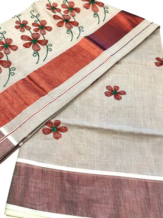Southloom Kerala Tissue Kasavu Saree with Maroon Floral Embroidery on Body and Border