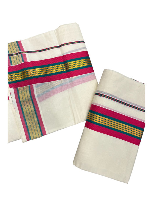 Kerala Cotton Kasavu Set Mundu (Mundum Neriyathum) with Magenta and Green Border 2.80 Mtrs