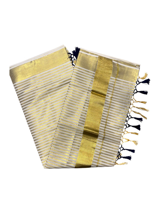 Southloom Kerala Cotton Kasavu Saree with Stripes on Body