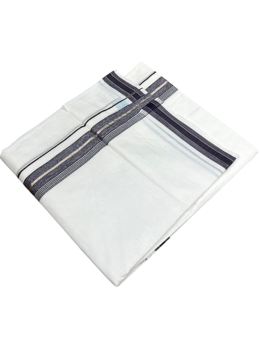 Southloom Kerala Pure White Cotton Double Mundu with Silver Line & Dark Purple Border (South Indian Dhoti)