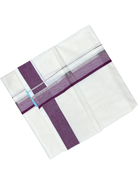 Southloom Pure Cotton Mundu with Silver Lines and Purple Border (South Indian Kerala Dhoti)