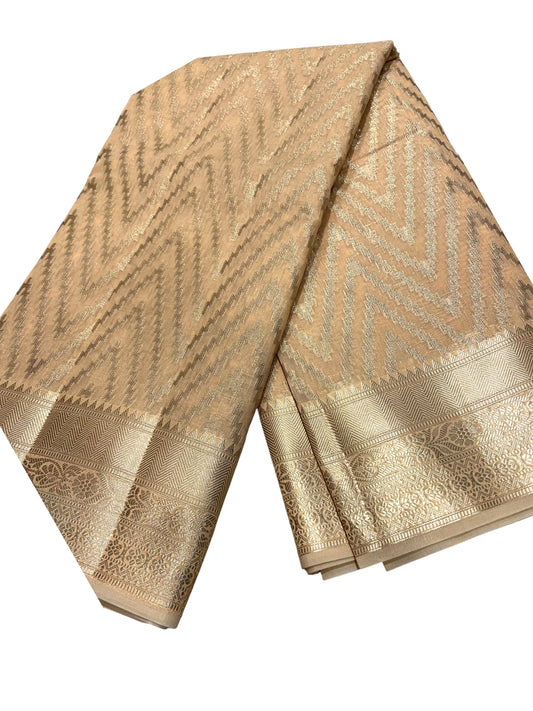 Southloom Cotton Banarasi Silk Saree with Woven Work on Body and Borders (Beige)