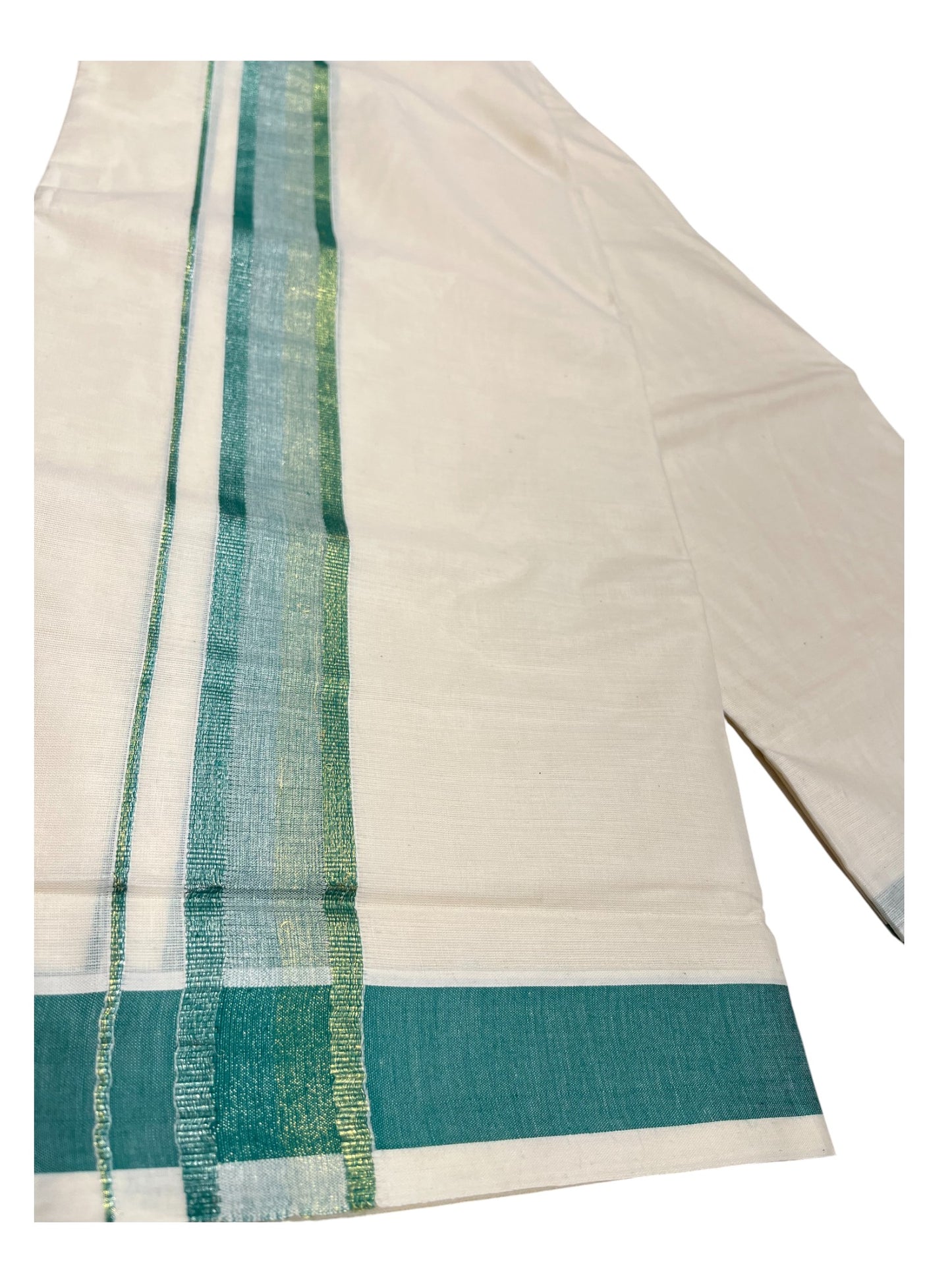 Southloom Kerala Pure Cotton Double Mundu with Gold Lines & Green Border (South Indian Dhoti)