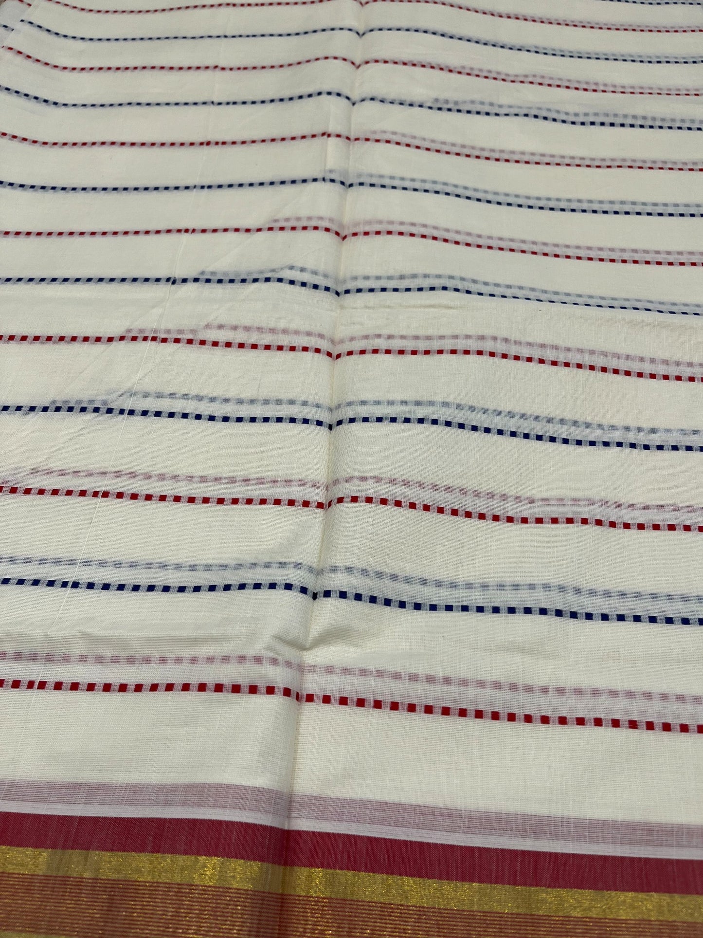 Southloom Cotton Kasavu Saree with Blue and Red Thread Work Across Body