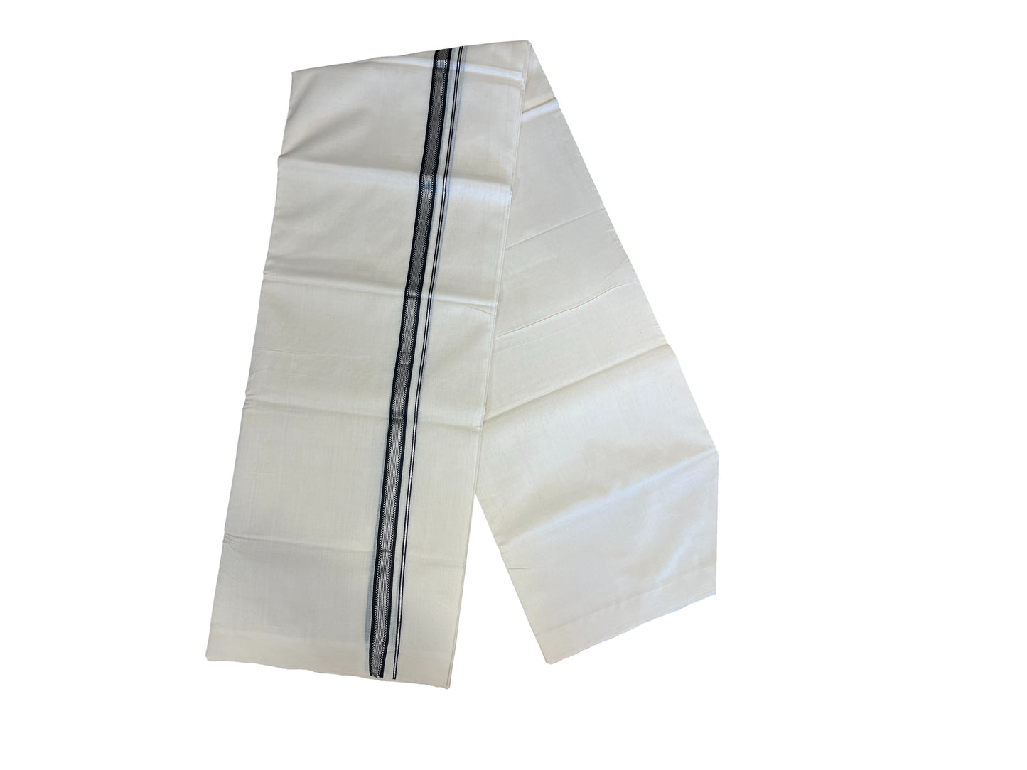 Southloom Premium Handloom Cotton Double Mundu with Black And Silver Line Border