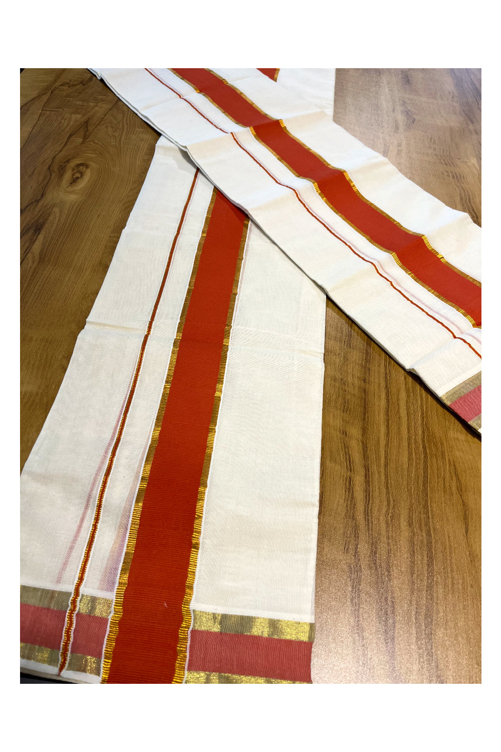 Pure Cotton Kerala Single Set Mundu (Mundum Neriyathum) with Orange and Kasavu Border in 2.80 Mtrs