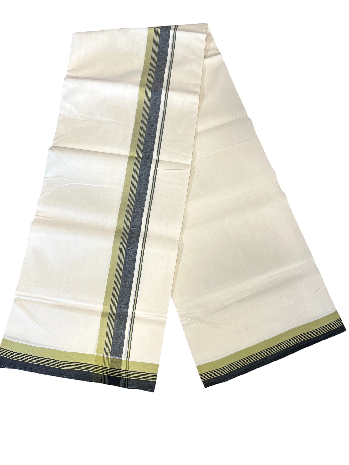 Southloom Premium Handloom Cotton Double Mundu with Green And Gray Border
