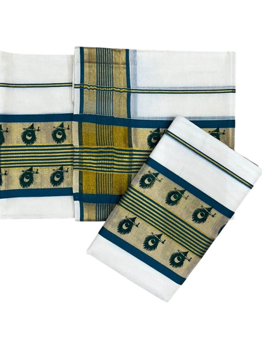 Southloom Cotton Single Set Mundu (Mundu Neriyathum) With Gold Kasvu And Peacock Design in Peacock Blue 2.80 Mtrs SL390