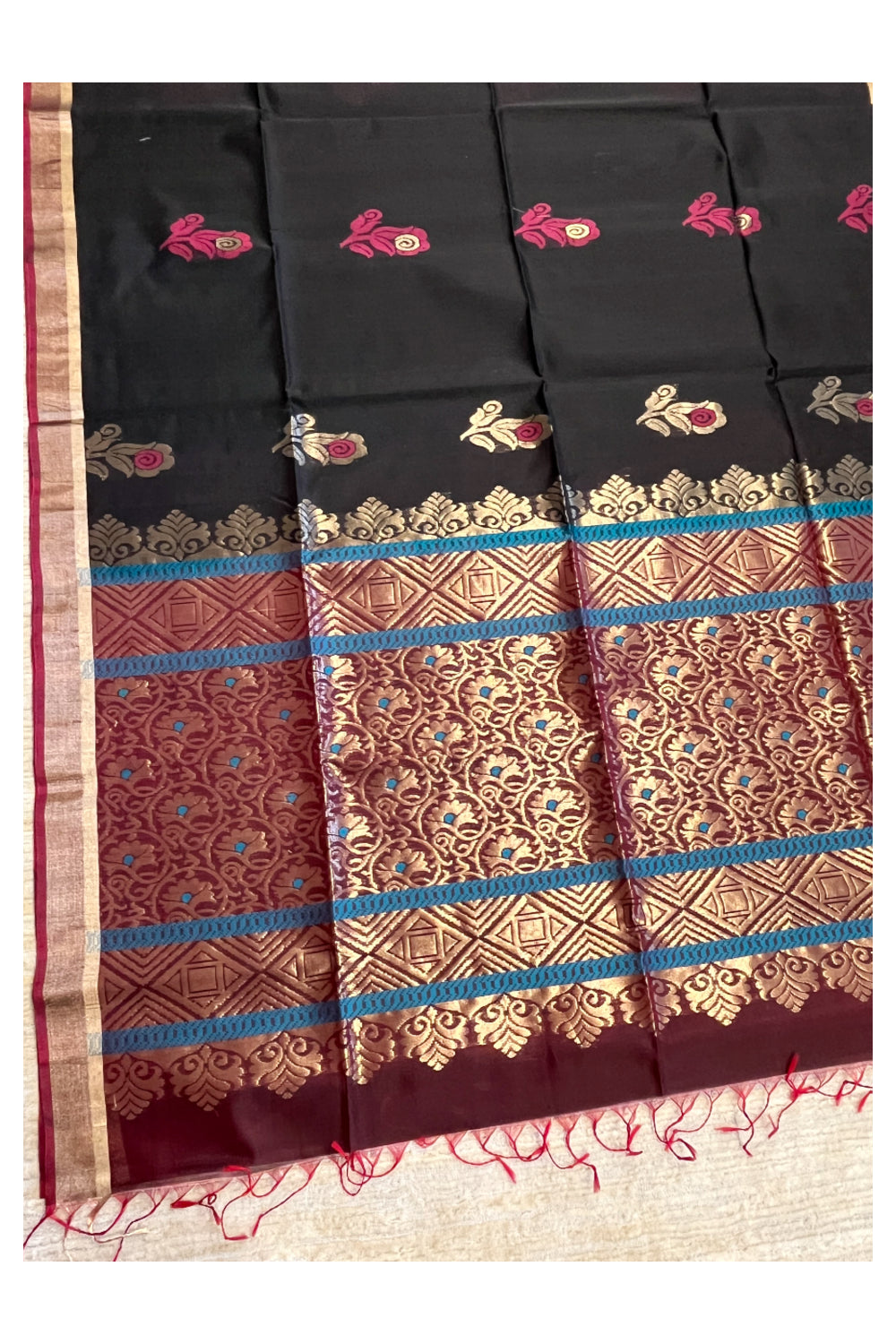 Southloom Pure Handloom Cotton Silk Saree With Handwoven Work Across Body and Blouse in Maroon And Black