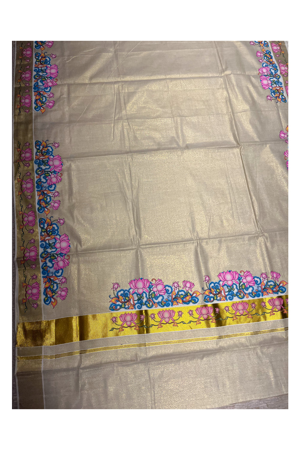 Southloom Tissue Kerala Kasavu Saree with Lotus Handpainted Design