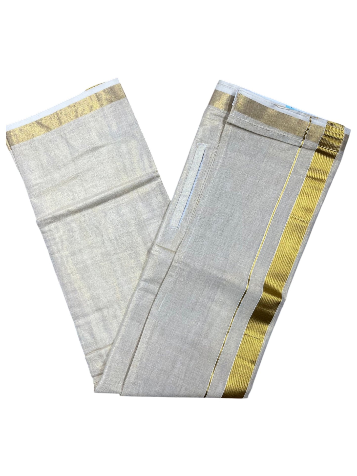 Southloom Kerala Tissue VELCRO Double Mundu with Gold Kasavu Border (South Indian Kerala Dhoti)