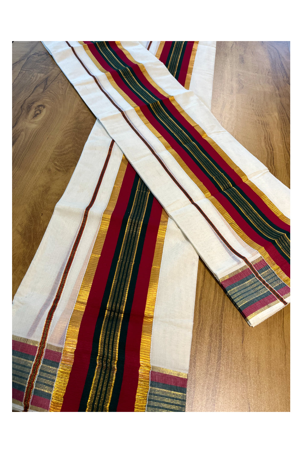 Kerala Cotton Kasavu Set Mundu (Mundum Neriyathum) with Maroon and Green Border