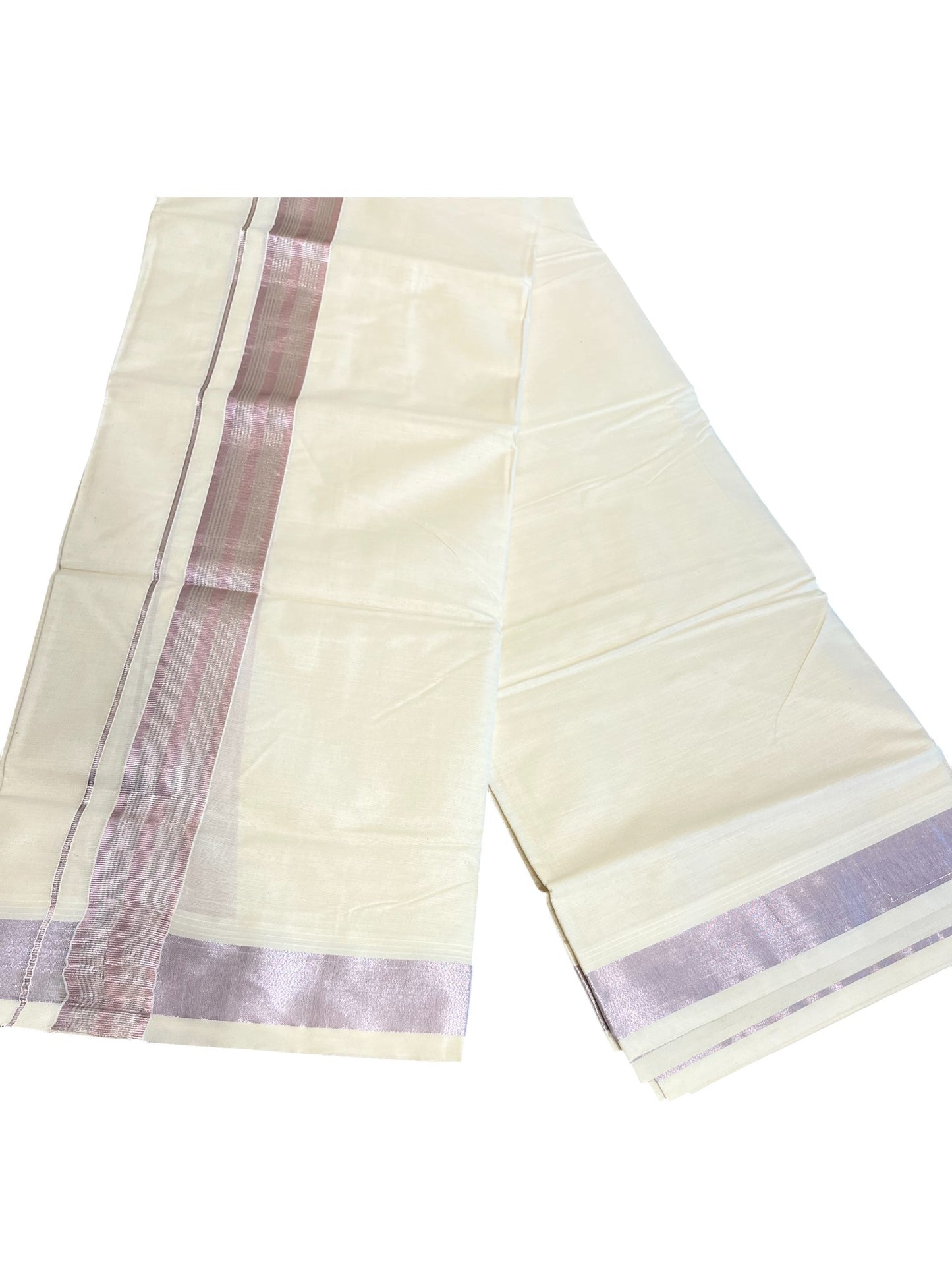 Kerala Cotton Double Mundu with Silver And Rose Copper Border (South Indian Dhoti)
