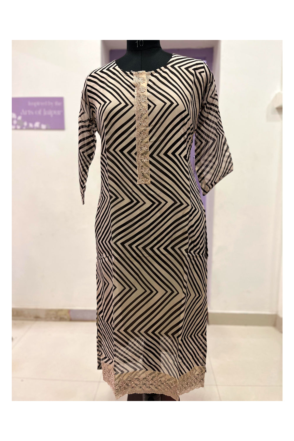 Southloom Stitched Salwar Set with Light Brown and Black Zig Zag Patterns