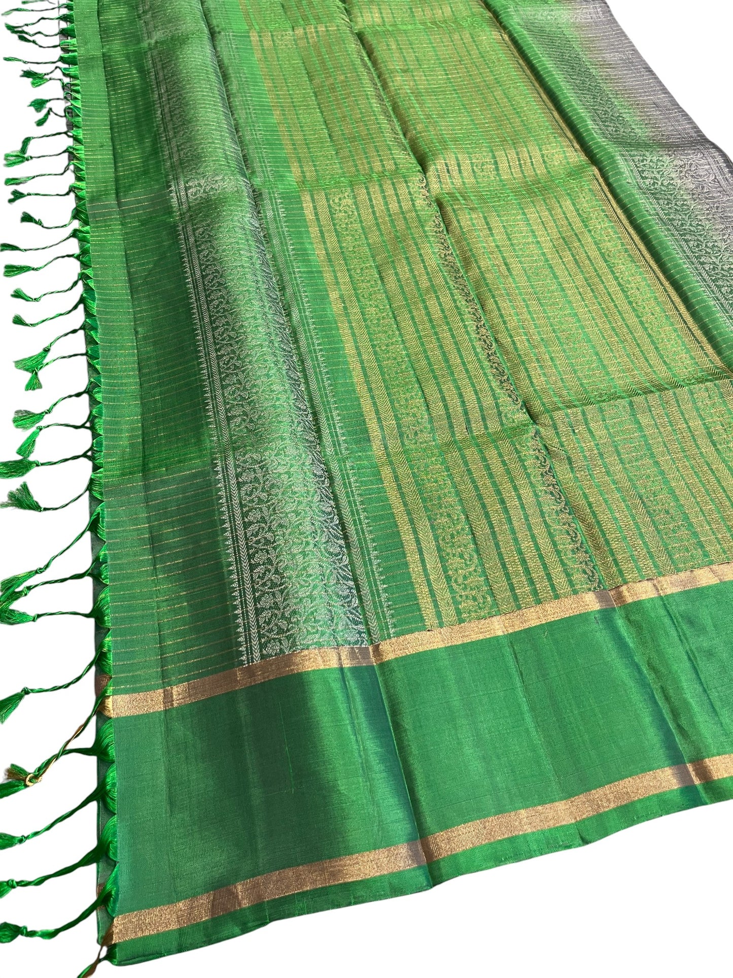 Southloom Pure Handloom Bridal Kanchipuram Silk Saree with Korvai Work(Gray& Green)