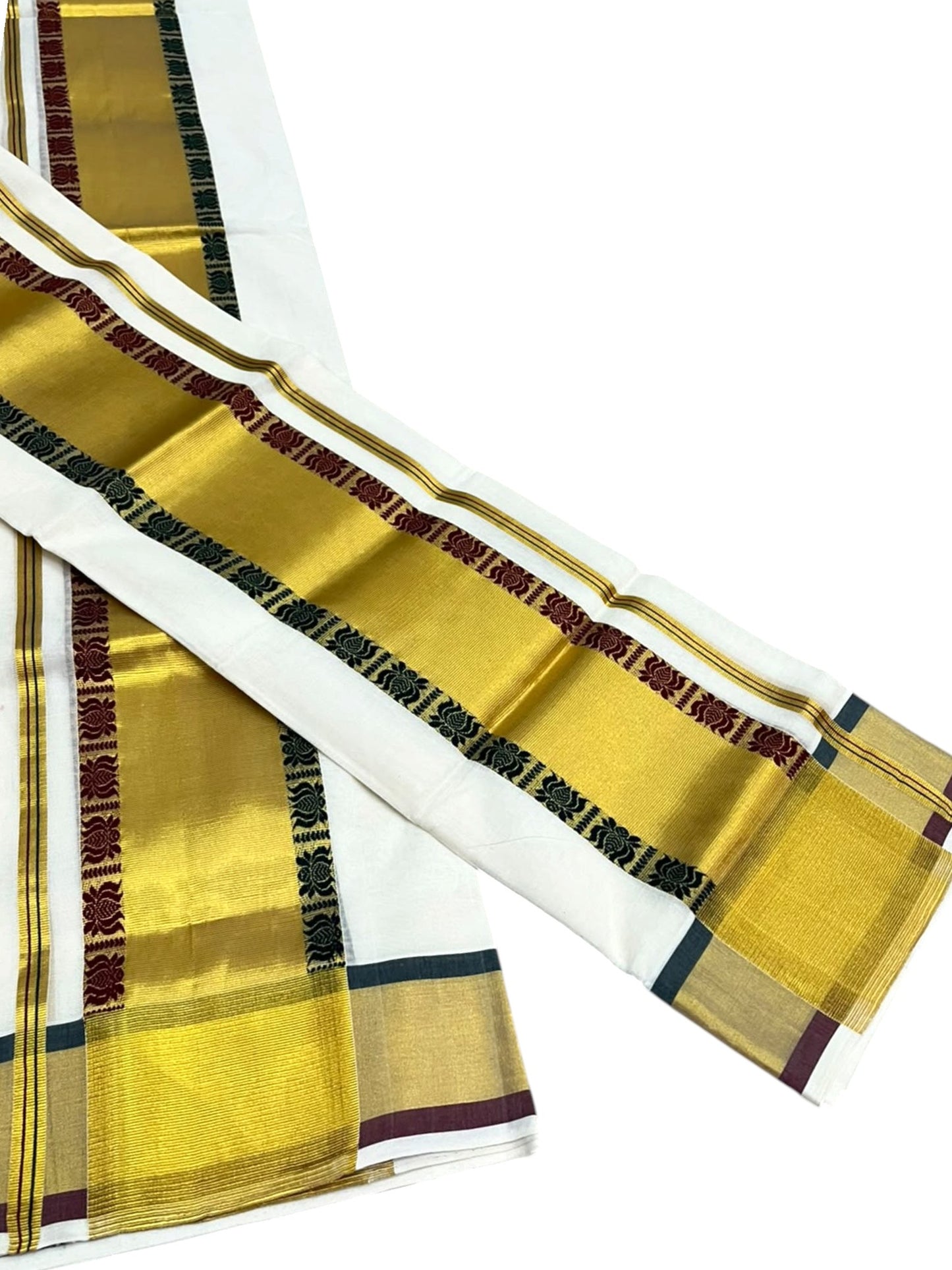 Southloom Premium Handloom Set Mundu with Maroon & Green Design On Border and Kasavu Lines Across Body 2.80 Mtrs
