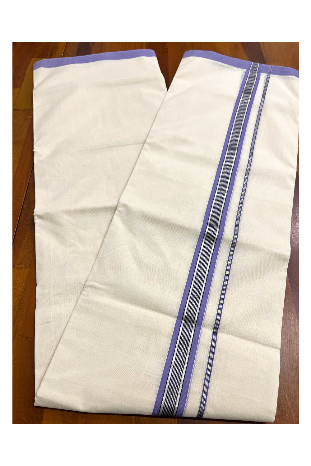 Premium Balaramapuram Handloom Unakkupaavu Cotton Double Mundu with Silver Kasavu and Violet Border