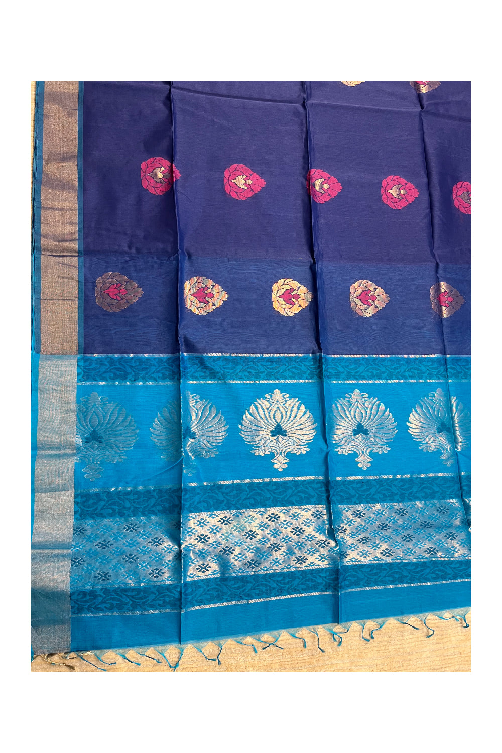 Southloom Pure Handloom Cotton Silk Saree With Handwoven Work Across Body and Blouse in Blue And Blue