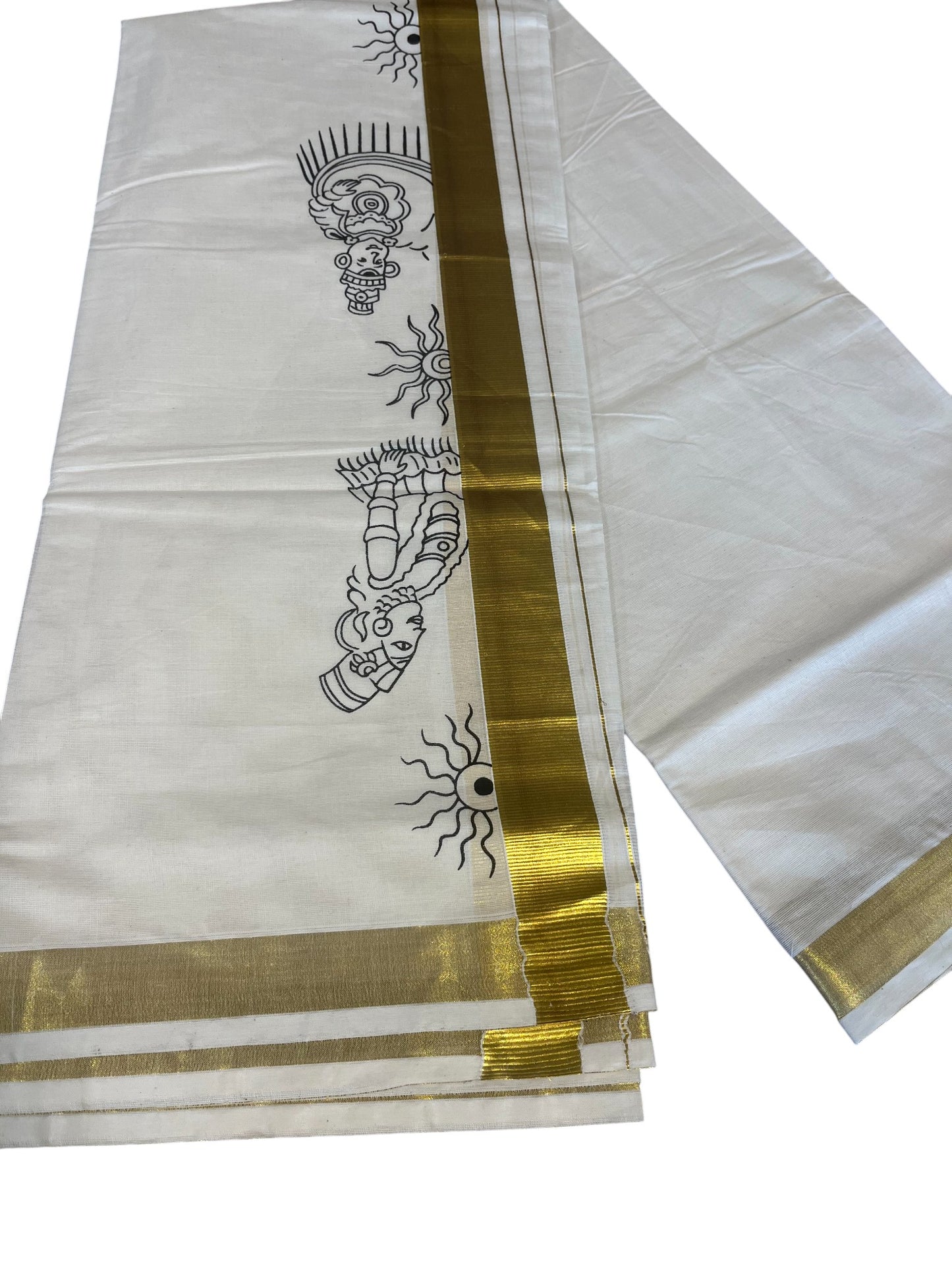 Southloom Pure Cotton Kasavu Double Mundu with Theyyam Print (South Indian Kerala Dhoti)