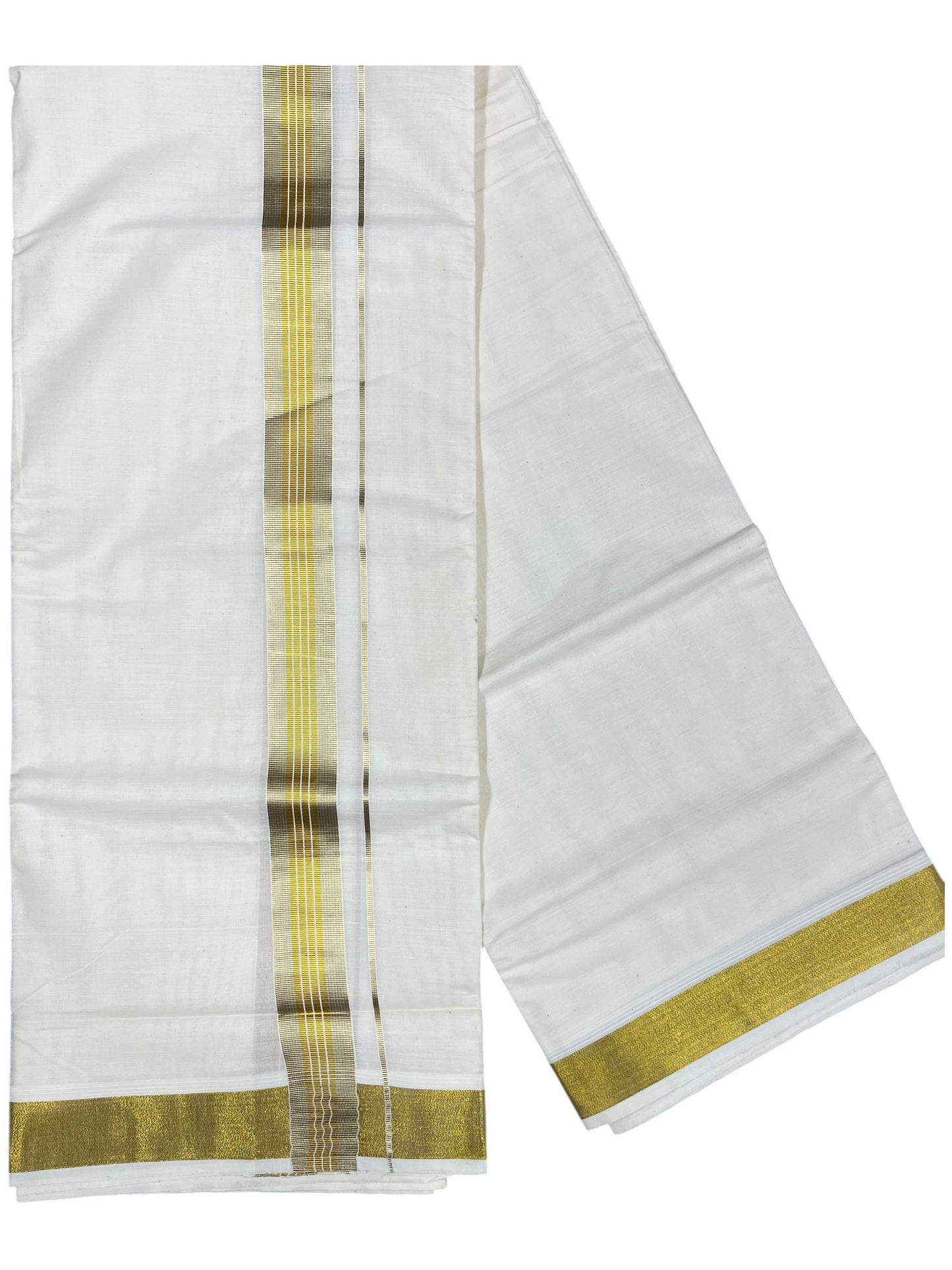Southloom Kerala Pure Cotton Double Mundu with Gold Kasavu Line Border (South Indian Dhoti)