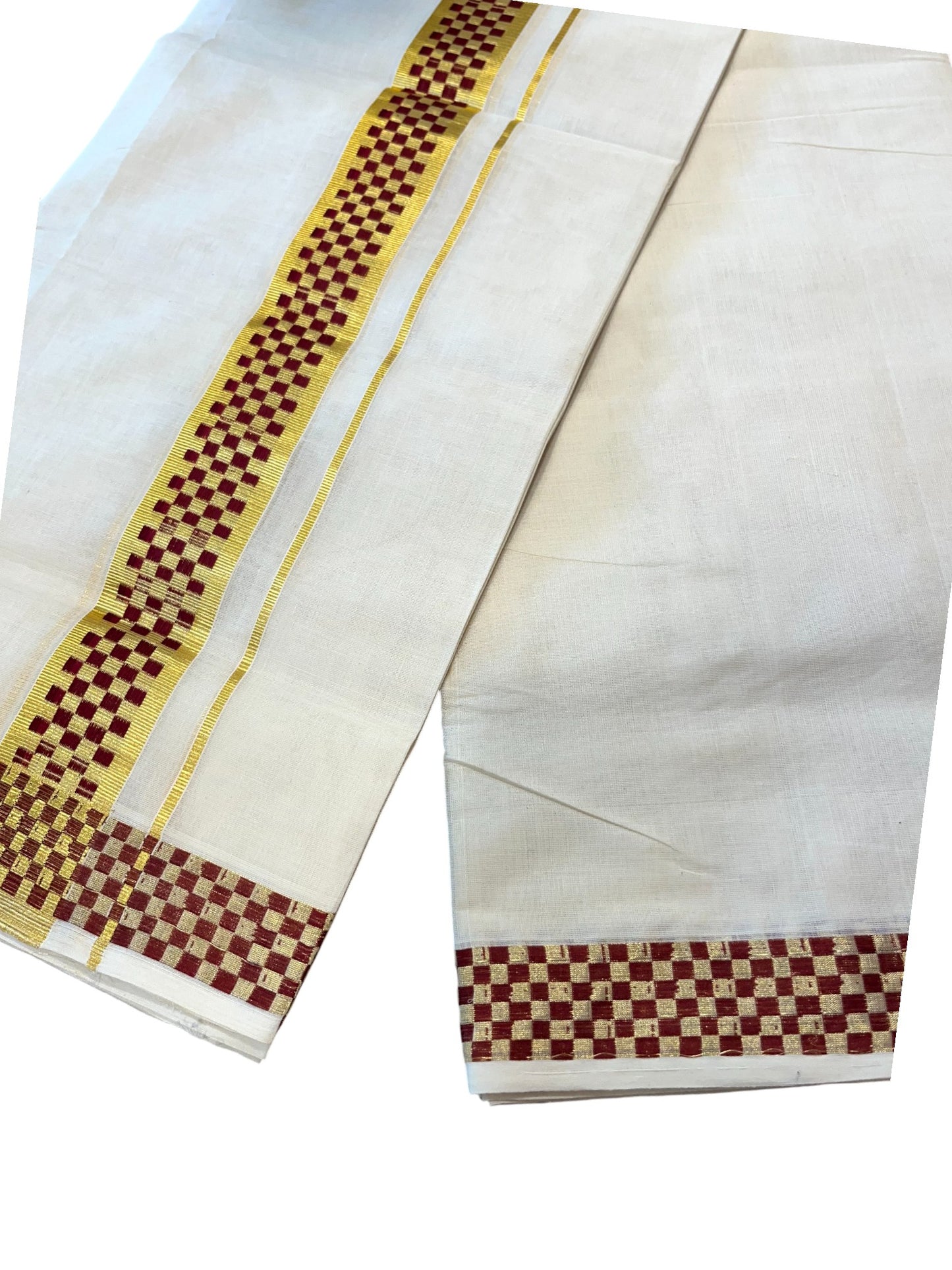 Southloom Premium Handloom Cotton Gold Kasavu Double Mundu with Maroon Paa Neythu Border