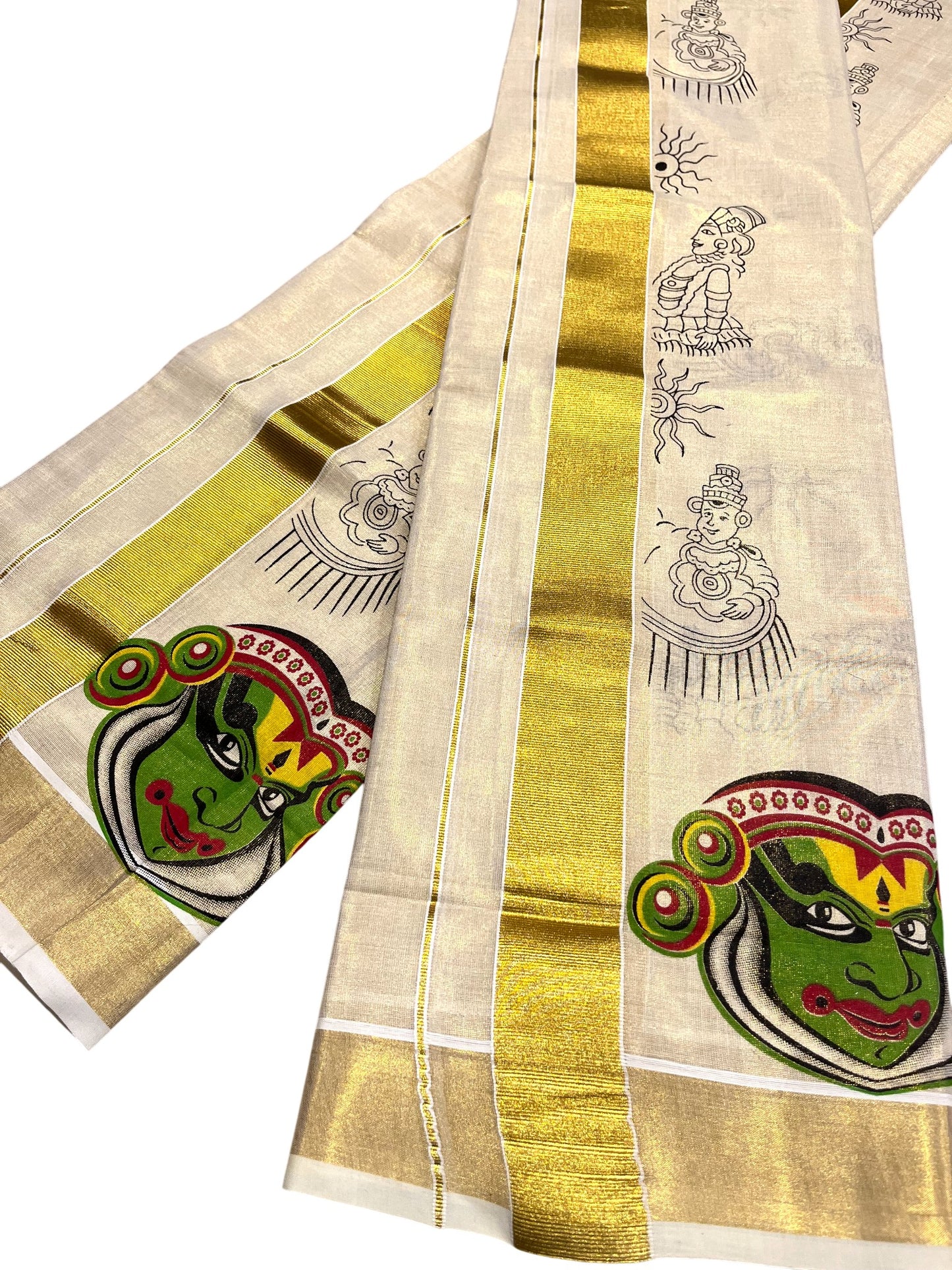 Southloom Kerala Tissue Set Mundu (Mundum Neriyathum) with Kadhakali Printed Design