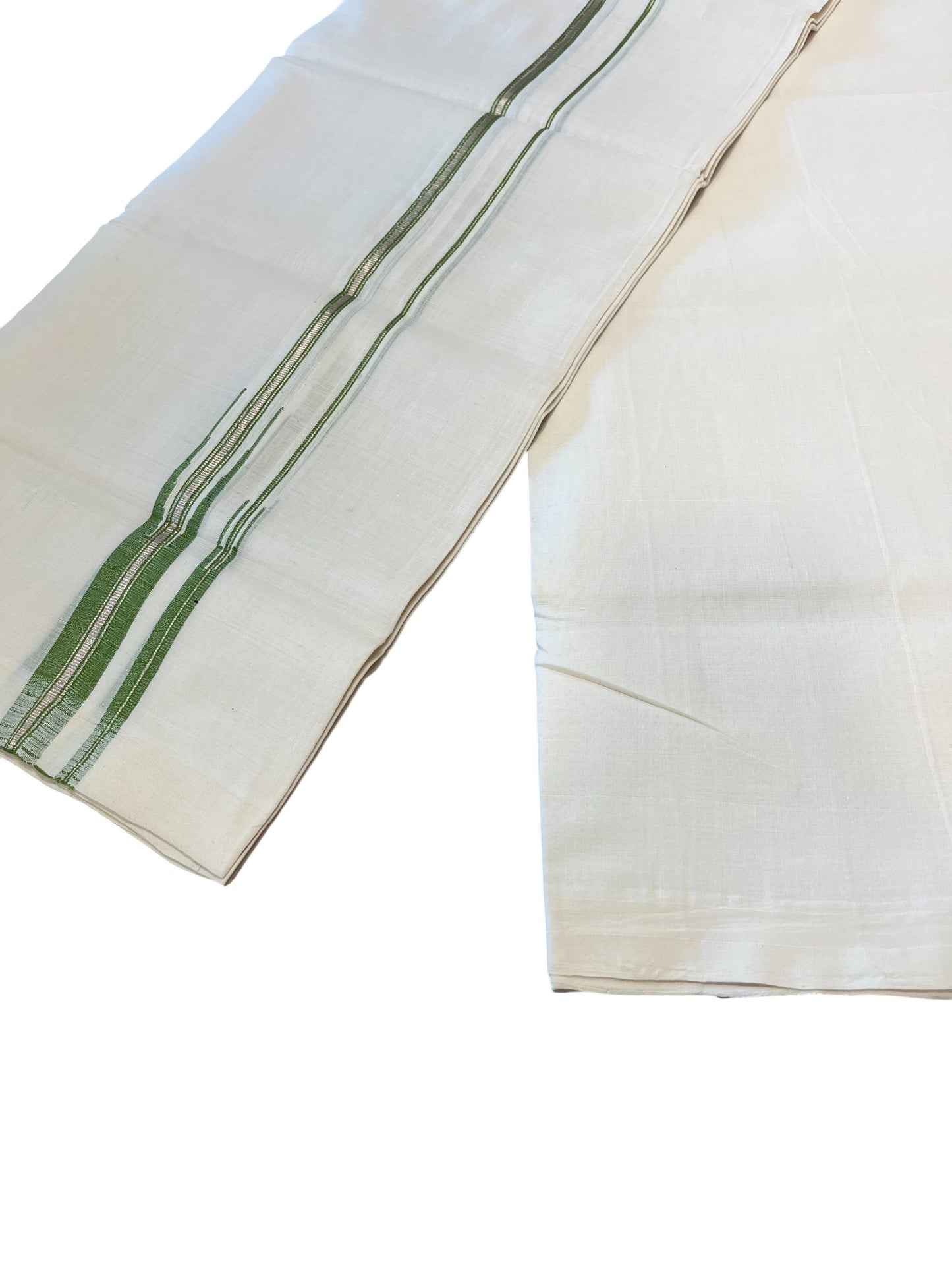 Southloom Premium Handloom Cotton Double Mundu with Silver and Green Chutti Kara Border