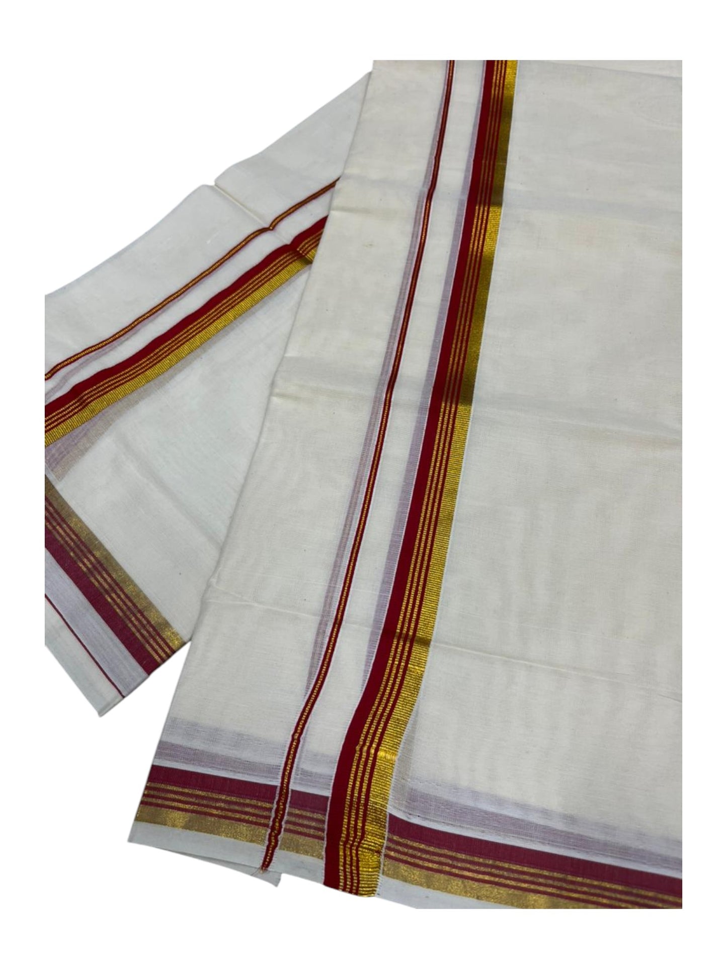 Pure Cotton Kerala Single Set Mundu (Mundum Neriyathum) with Red Kasavu Border in 2.80 Mtrs