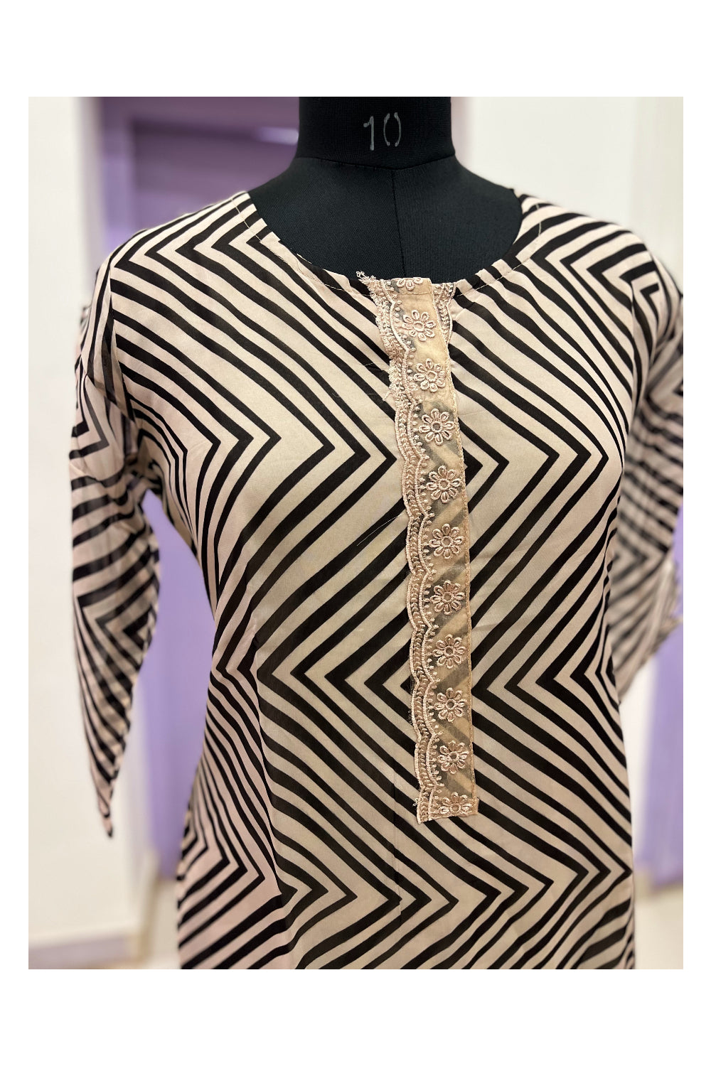 Southloom Stitched Salwar Set with Light Brown and Black Zig Zag Patterns
