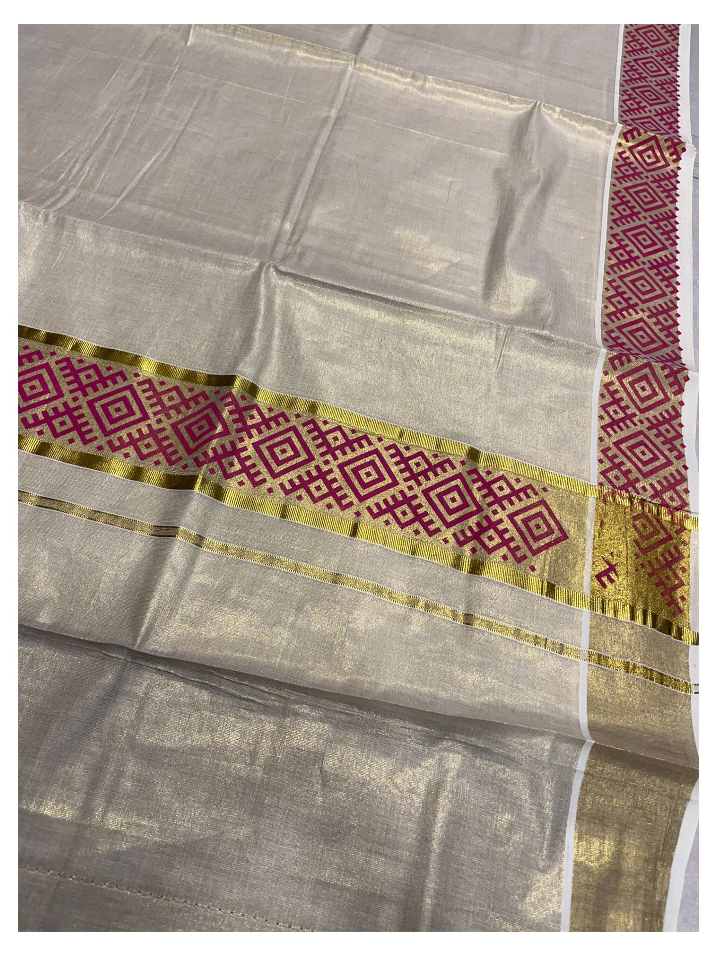 Southloom Kerala Tissue Kasavu Plain Saree Magenta Hand Printed