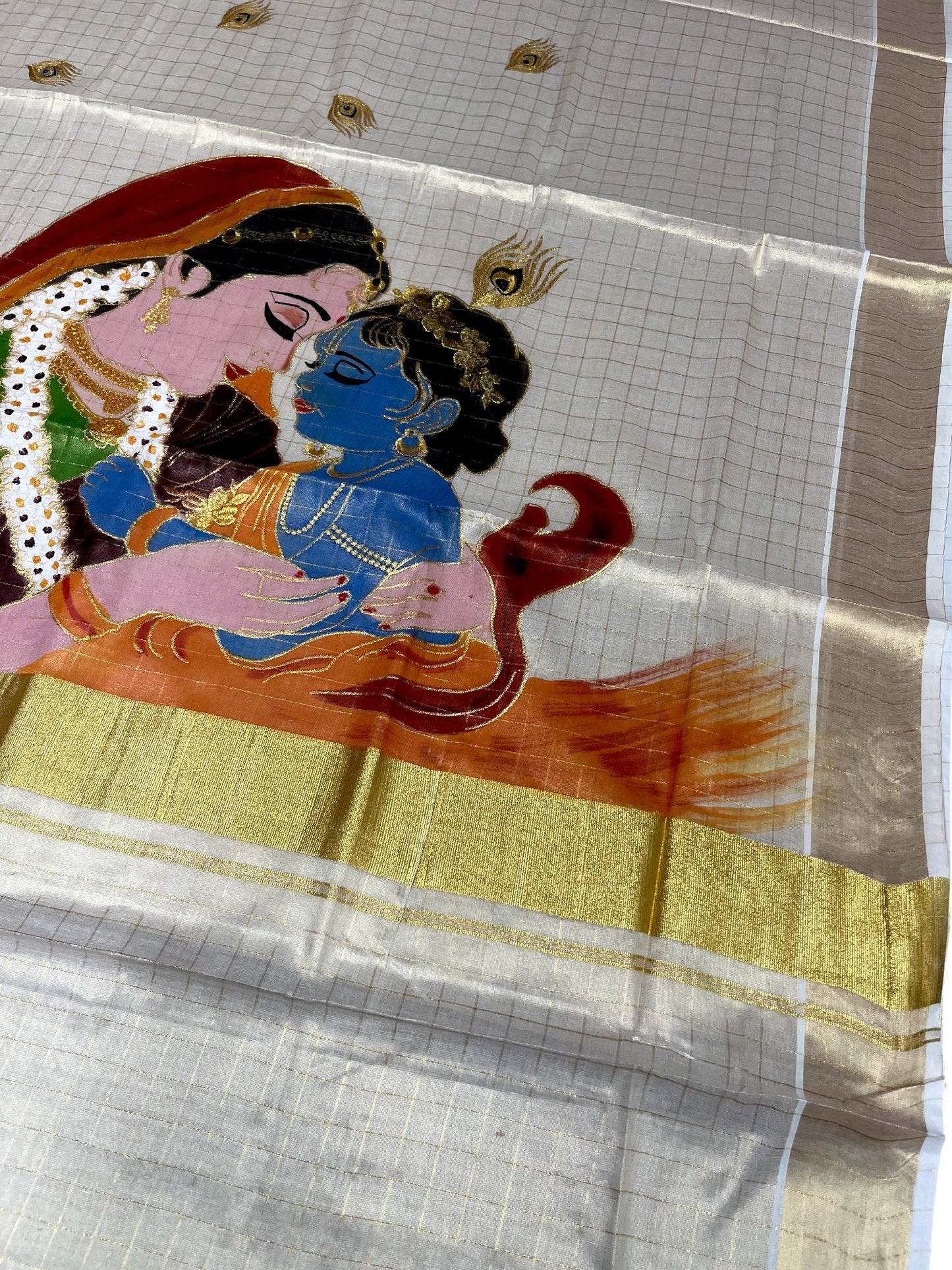 Southloom Tissue Kerala Kasavu Check Saree with Hand Painted Embroidery Krishna & Yashodha Desig SL283