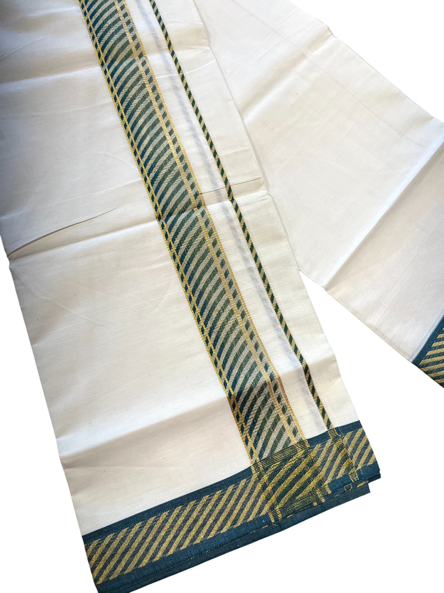 Southloom Off White Cotton Single Mundu with Ksavu and Kara Green Border (South Indian Dhoti)