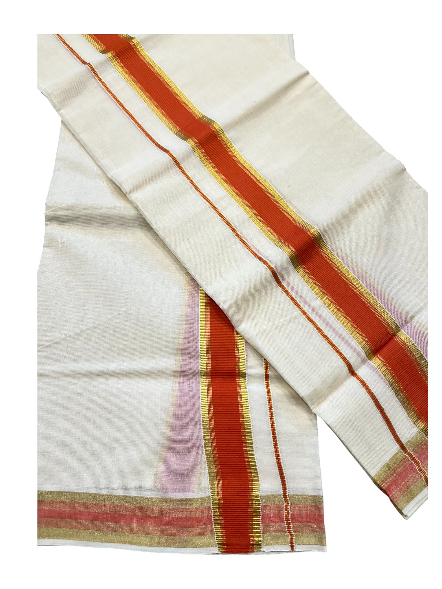 Kerala Cotton Set Mundu (Mundum Neriyathum) with Kasavu and Orange Border