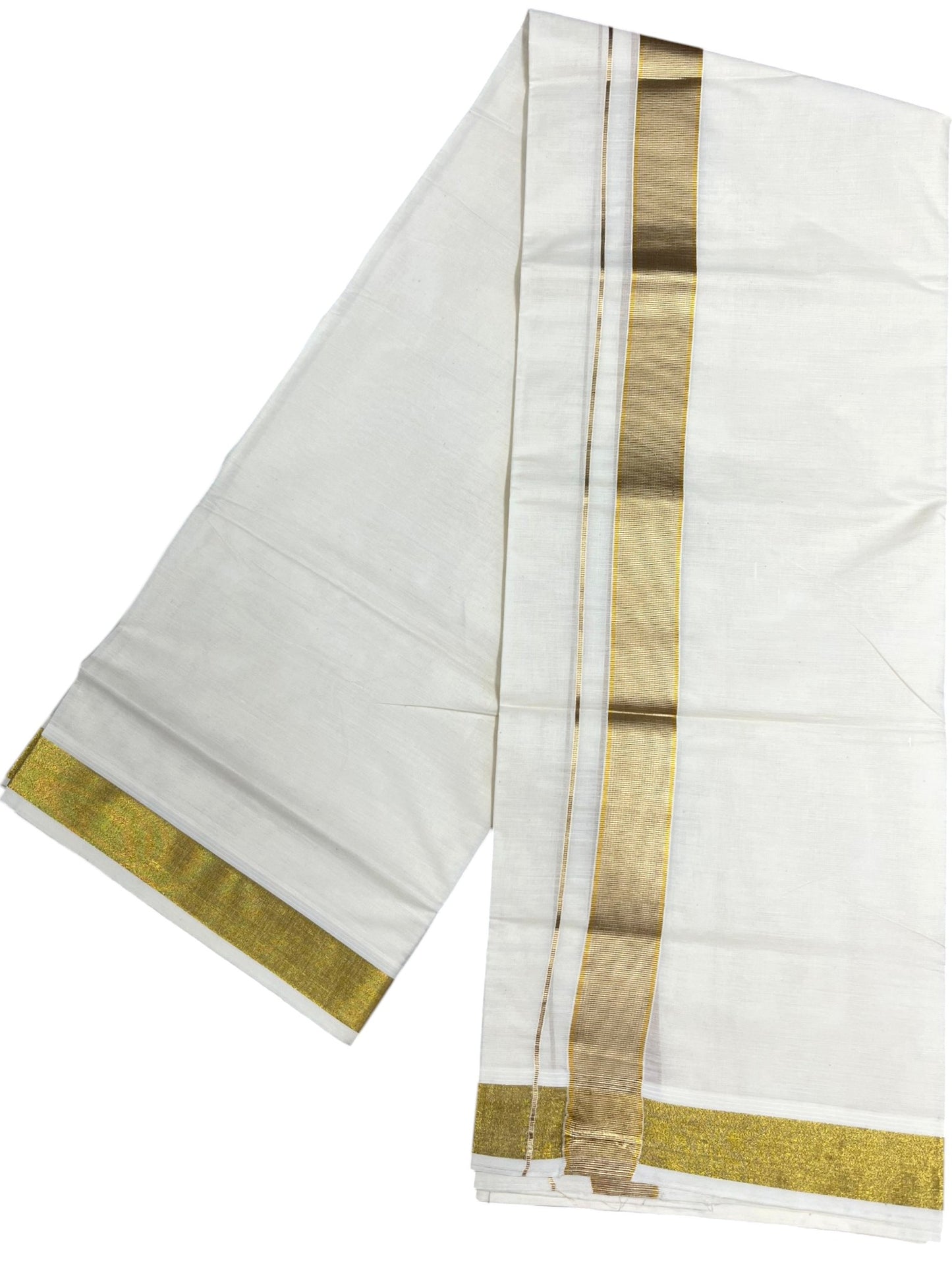 Southloom Kerala Pure Cotton Double Mundu with Gold Kasavu And Silver Line Border (South Indian Dhoti)