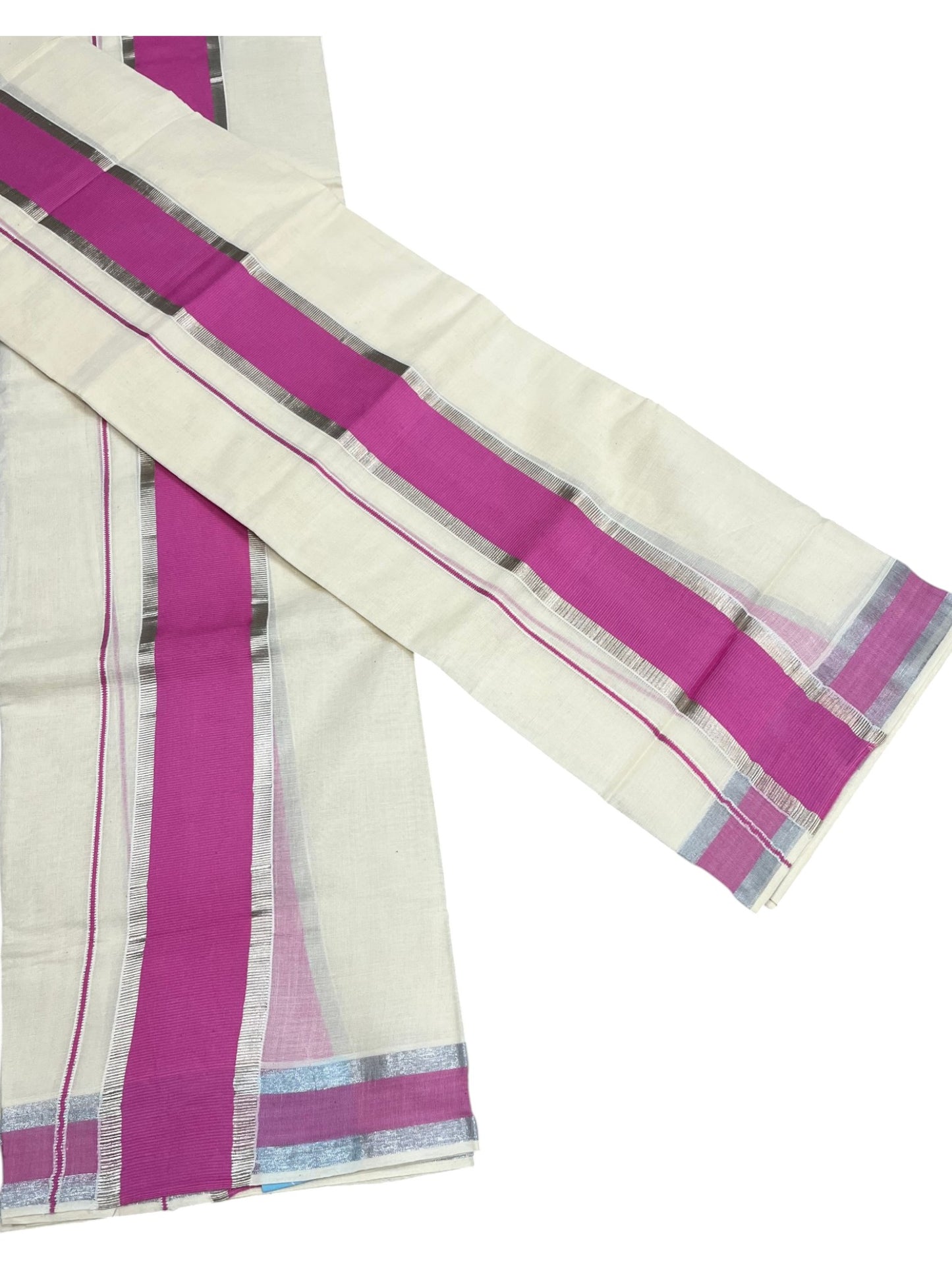 Kerala Cotton Mundum Neriyathum Single (Set Mundu) with Pink and Silver Kasavu Border 2.80 Mtrs SLKK SL498