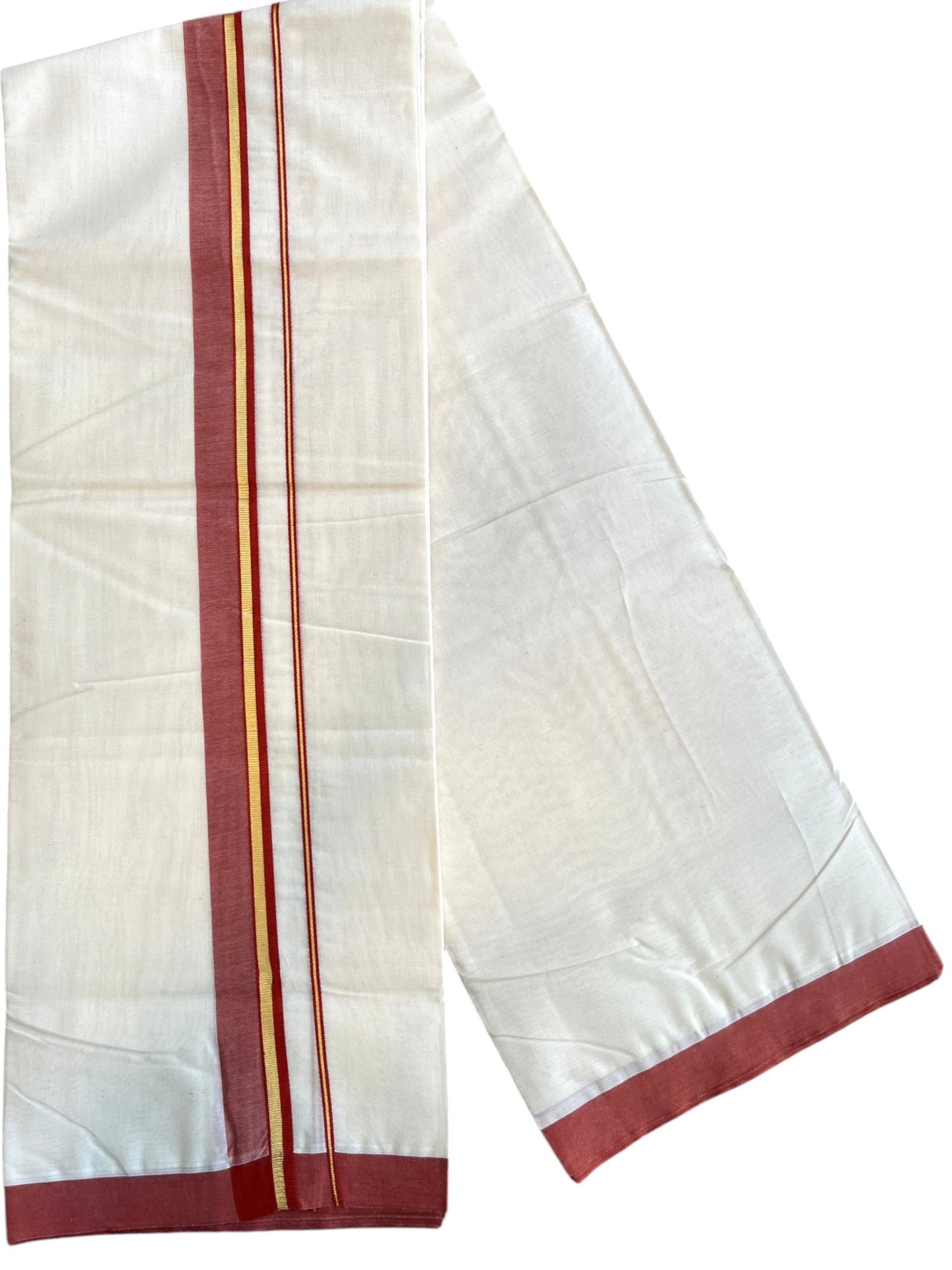 Southloom Pure Cotton Mundu with Golden Lines and Red Border (South Indian Kerala Dhoti)