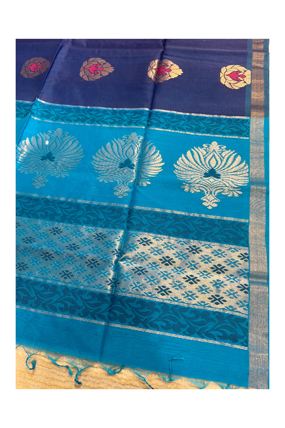 Southloom Pure Handloom Cotton Silk Saree With Handwoven Work Across Body and Blouse in Blue And Blue