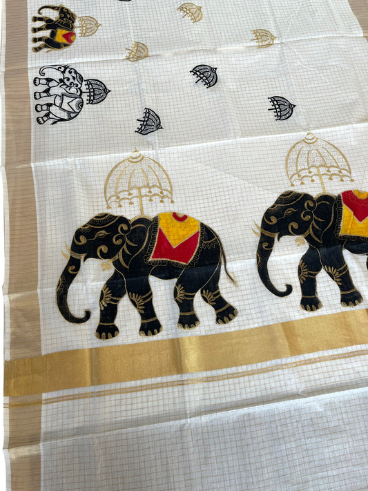 Southloom Kerala Cotton Kasavu Check Saree with Elephant Handpainted and Embroidery Work