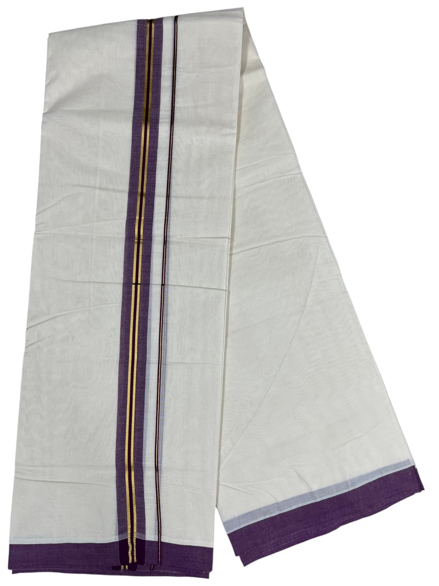 Southloom Pure Cotton Mundu with Gold Lines and purple Border (South Indian Kerala Dhoti)