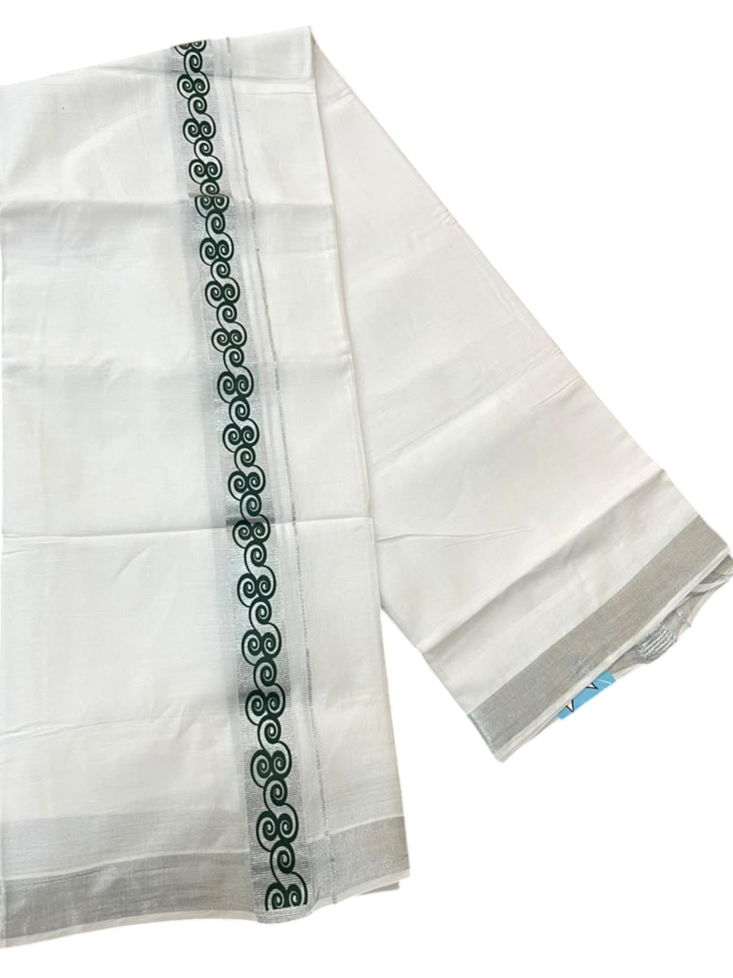 Southloom Pure White Cotton Mundu with Green and Silver Kasavu Border (South Indian Kerala Dhoti)