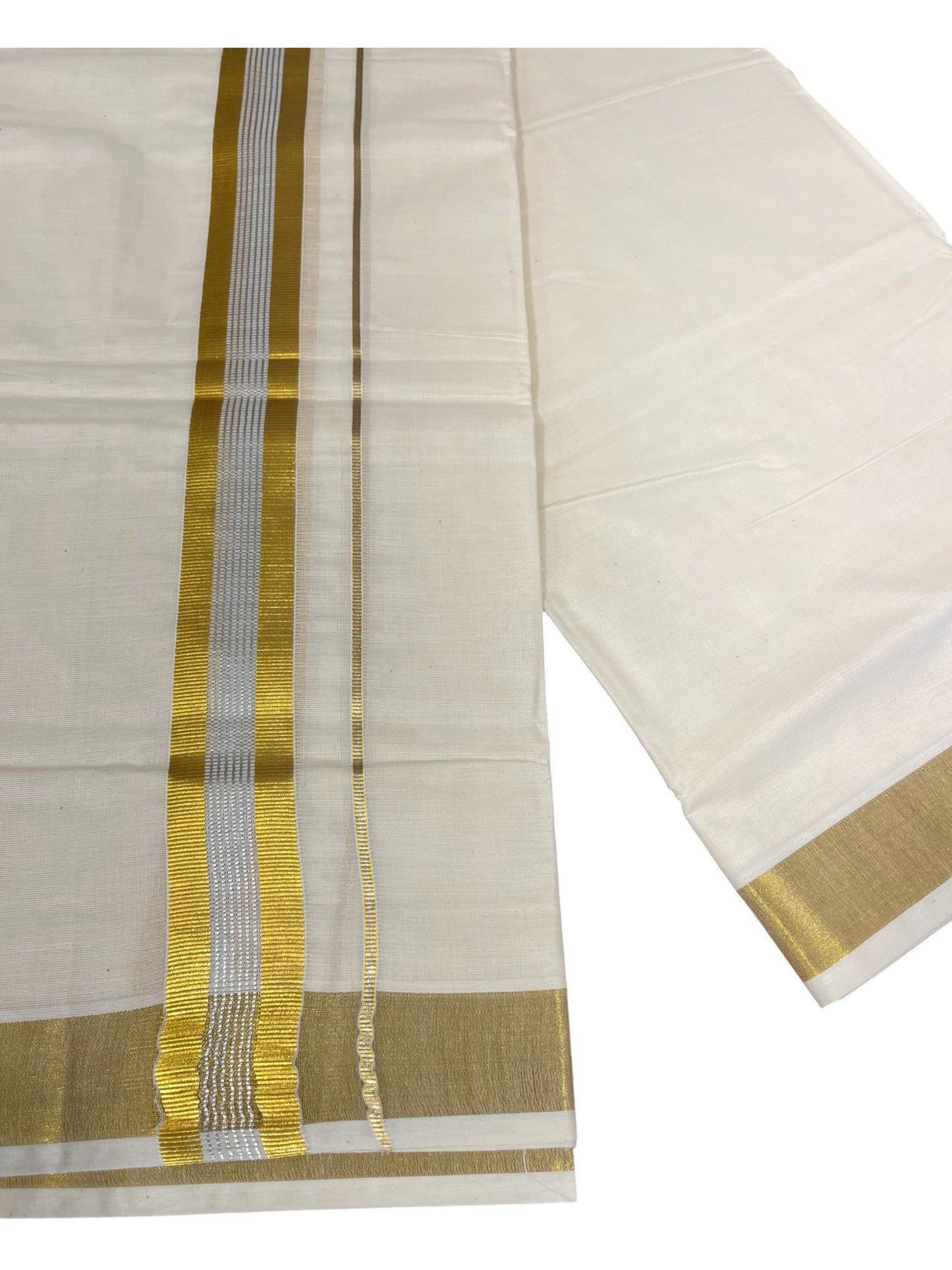 Southloom Kerala Pure Cotton Double Mundu with Silver and Gold Border (South Indian Dhoti)