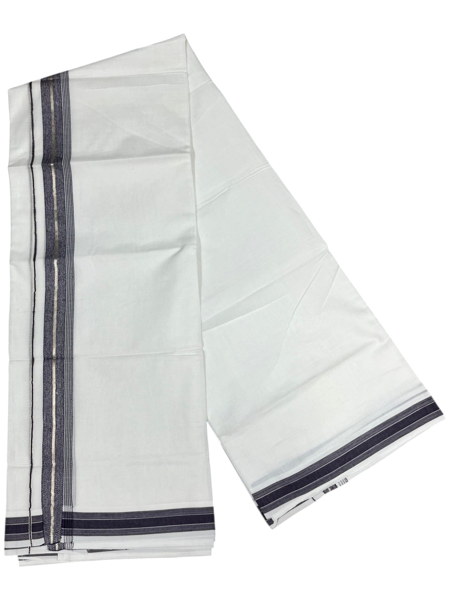 Southloom Kerala Pure White Cotton Double Mundu with Silver Line & Dark Purple Border (South Indian Dhoti)