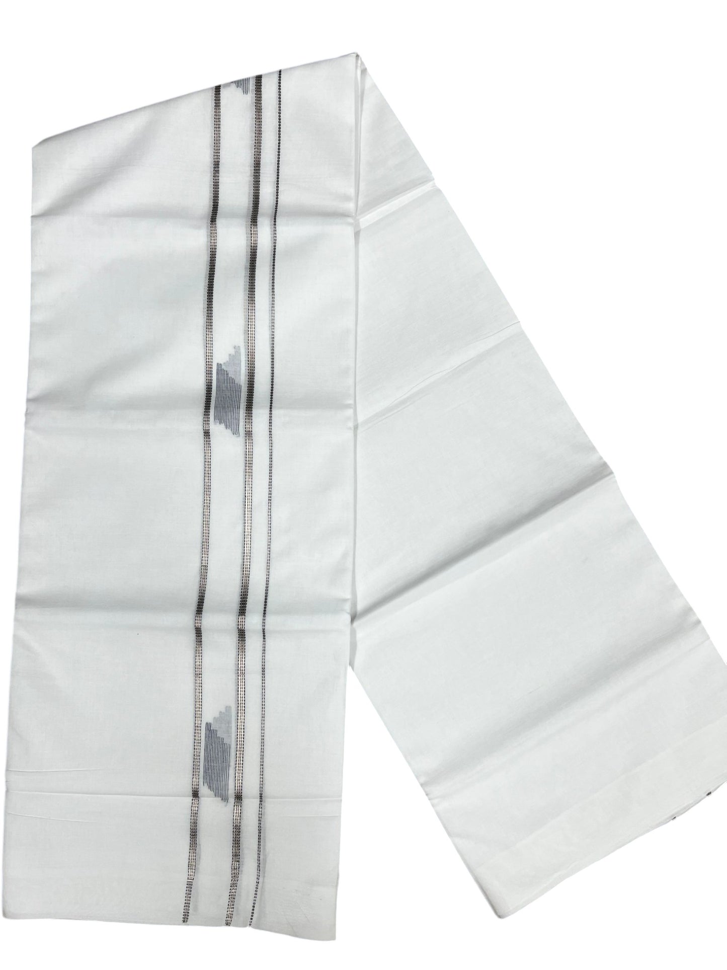 Southloom Pure White Cotton Mundu with Black & Silver Line Border (South Indian Kerala Dhoti)