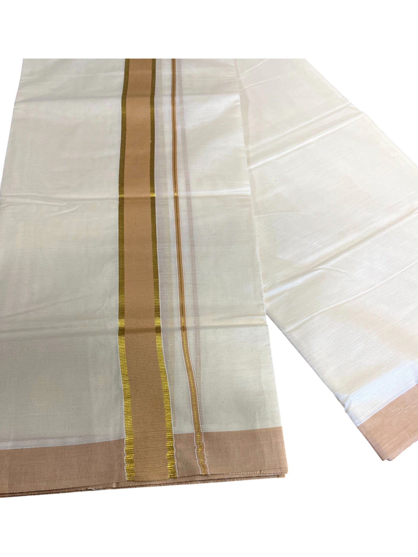 Southloom Pure Cotton Mundu with Gold Kasavu and Beige Colour Border (South Indian Kerala Dhoti)