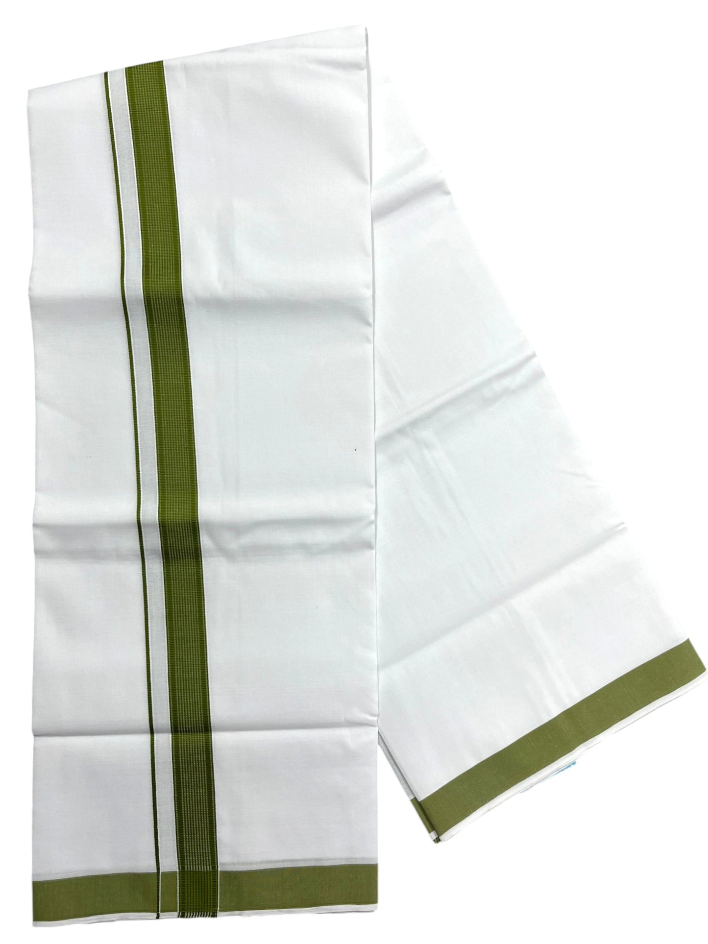 Southloom Pure White Cotton Mundu with Olive Green Lines Border (South Indian Kerala Dhoti)